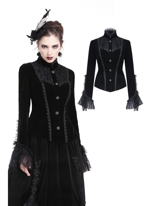 High Collar Front Chest Embroidery Metal Retro Button Flare Sleeve Lace Cuff Black Gothic Velvet Jacket