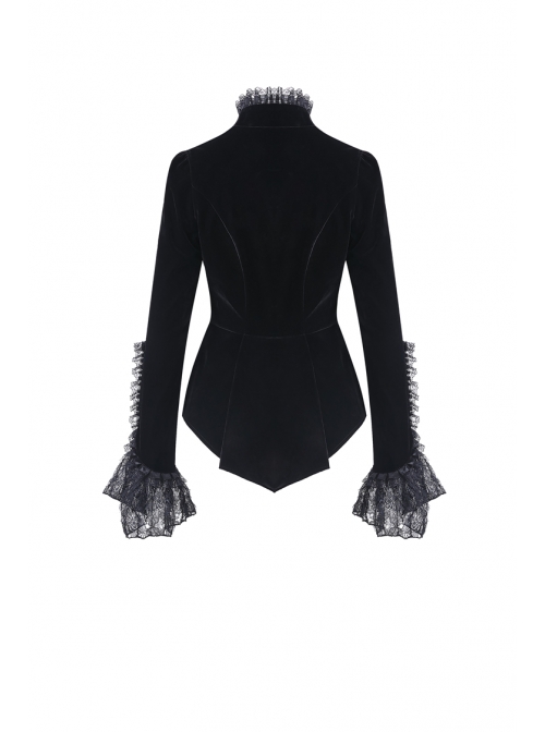 High Collar Front Chest Embroidery Metal Retro Button Flare Sleeve Lace Cuff Black Gothic Velvet Jacket