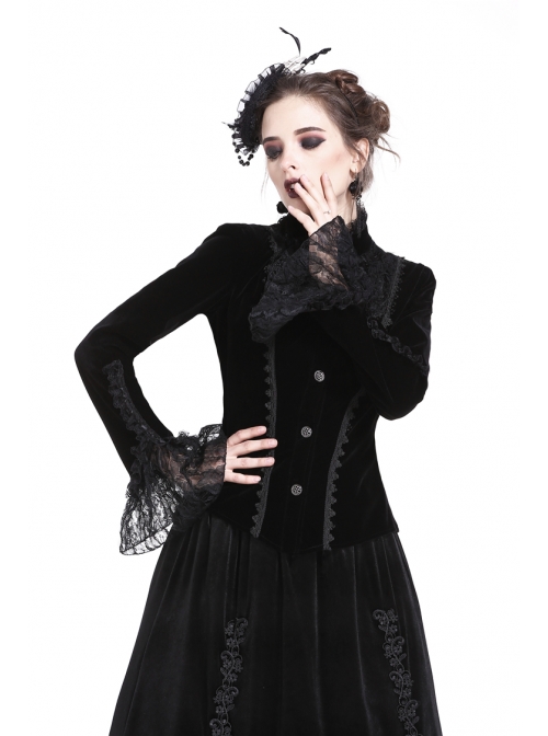 High Collar Front Chest Embroidery Metal Retro Button Flare Sleeve Lace Cuff Black Gothic Velvet Jacket