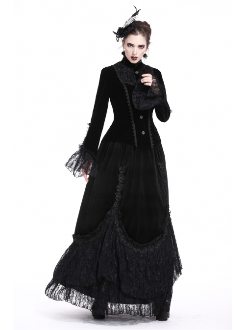High Collar Front Chest Embroidery Metal Retro Button Flare Sleeve Lace Cuff Black Gothic Velvet Jacket