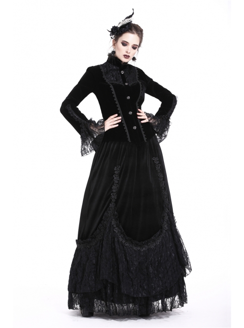 High Collar Front Chest Embroidery Metal Retro Button Flare Sleeve Lace Cuff Black Gothic Velvet Jacket