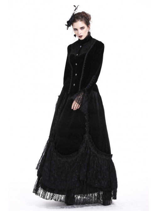 High Collar Front Chest Embroidery Metal Retro Button Flare Sleeve Lace Cuff Black Gothic Velvet Jacket