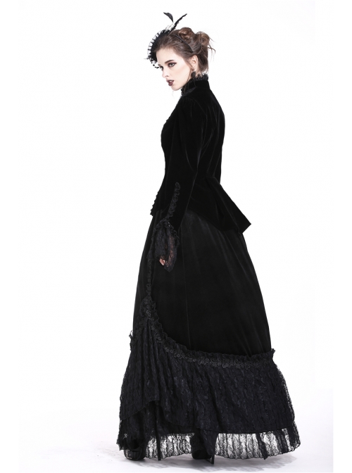 High Collar Front Chest Embroidery Metal Retro Button Flare Sleeve Lace Cuff Black Gothic Velvet Jacket