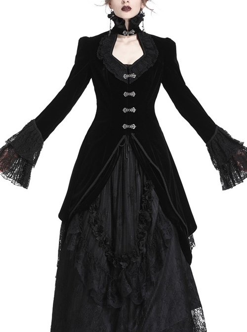 High Collar Front Metal Hasp Flare Sleeve Lace Cuff Swallowtail Hem Black Gothic Velvet Jacket