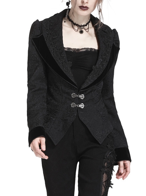 Double Collar Front Metal Hasp Long Sleeve Black Gothic Jacquard Jacket