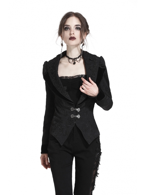 Double Collar Front Metal Hasp Long Sleeve Black Gothic Jacquard Jacket