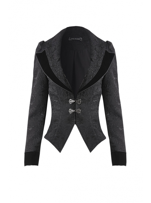 Double Collar Front Metal Hasp Long Sleeve Black Gothic Jacquard Jacket