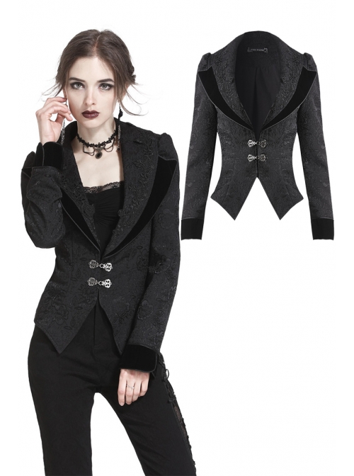 Double Collar Front Metal Hasp Long Sleeve Black Gothic Jacquard Jacket