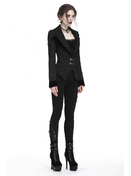 Double Collar Front Metal Hasp Long Sleeve Black Gothic Jacquard Jacket
