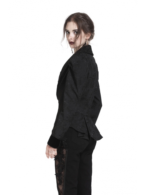 Double Collar Front Metal Hasp Long Sleeve Black Gothic Jacquard Jacket