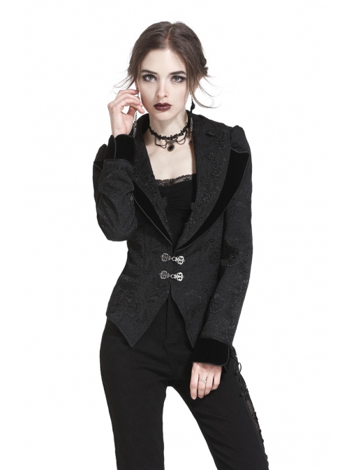 Double Collar Front Metal Hasp Long Sleeve Black Gothic Jacquard Jacket