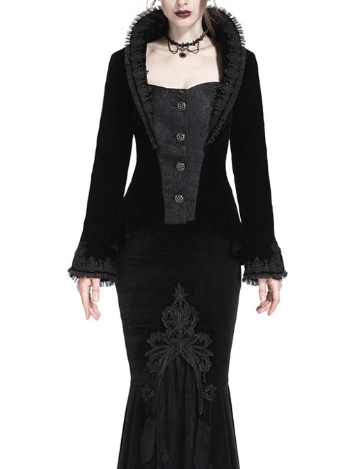 Stand-Up Collar Front Metal Retro Button Long Sleeve Lace Cuff Black Gothic Velvet Jacket