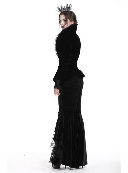 Stand-Up Collar Front Metal Retro Button Long Sleeve Lace Cuff Black Gothic Velvet Jacket