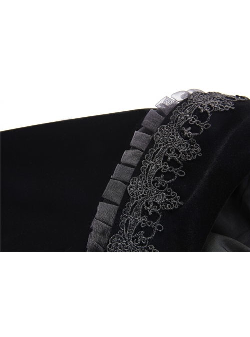 Stand-Up Collar Front Metal Retro Button Long Sleeve Lace Cuff Black Gothic Velvet Jacket