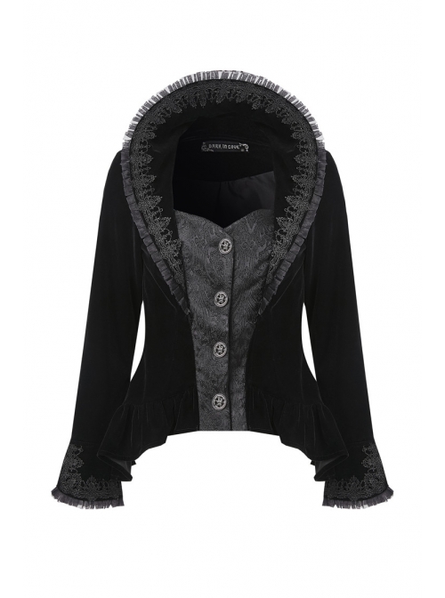 Stand-Up Collar Front Metal Retro Button Long Sleeve Lace Cuff Black Gothic Velvet Jacket