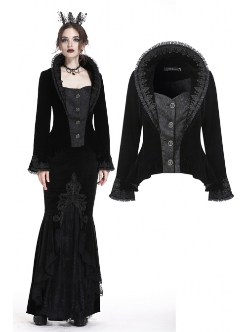 Stand-Up Collar Front Metal Retro Button Long Sleeve Lace Cuff Black Gothic Velvet Jacket