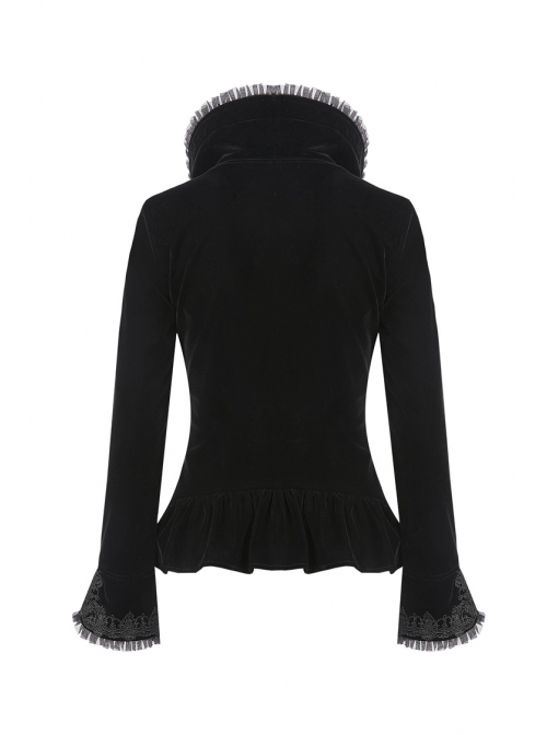 Stand-Up Collar Front Metal Retro Button Long Sleeve Lace Cuff Black Gothic Velvet Jacket