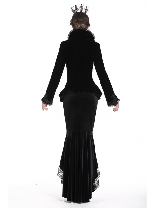 Stand-Up Collar Front Metal Retro Button Long Sleeve Lace Cuff Black Gothic Velvet Jacket
