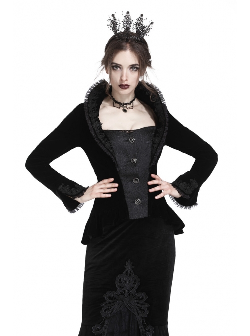 Stand-Up Collar Front Metal Retro Button Long Sleeve Lace Cuff Black Gothic Velvet Jacket