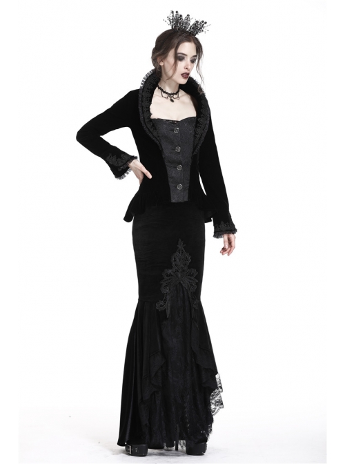 Stand-Up Collar Front Metal Retro Button Long Sleeve Lace Cuff Black Gothic Velvet Jacket