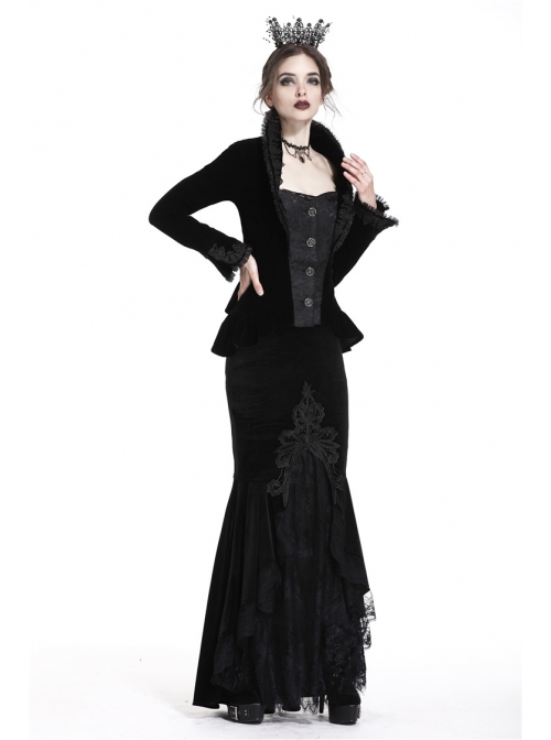Stand-Up Collar Front Metal Retro Button Long Sleeve Lace Cuff Black Gothic Velvet Jacket