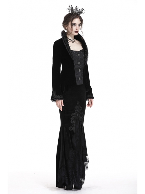 Stand-Up Collar Front Metal Retro Button Long Sleeve Lace Cuff Black Gothic Velvet Jacket