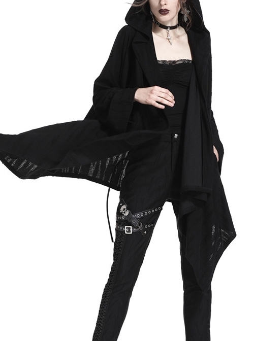 Black Long Sleeve Back Skull Print Lace-Up Punk Hooded Coat