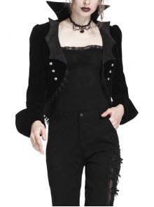 Bat Collar Front Chest Lace Frill Metal Nail Long Sleeve Black Gothic Short Jacket