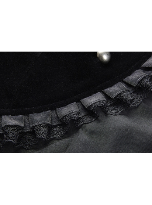 Bat Collar Front Chest Lace Frill Metal Nail Long Sleeve Black Gothic Short Jacket