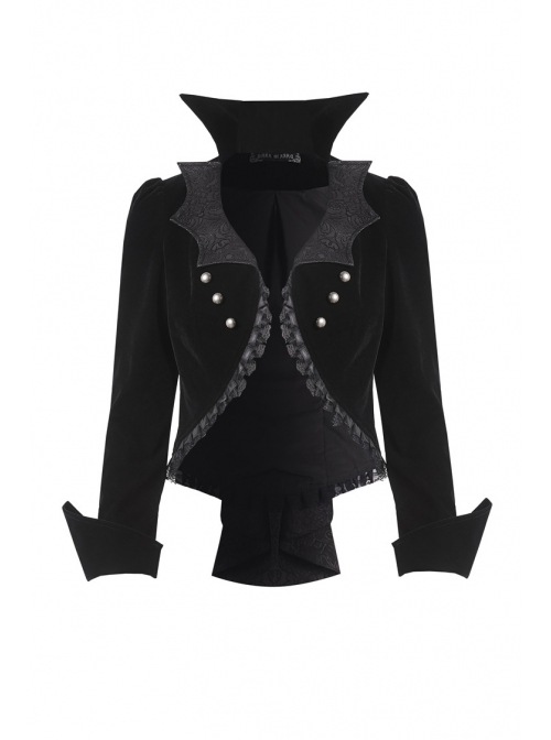 Bat Collar Front Chest Lace Frill Metal Nail Long Sleeve Black Gothic Short Jacket