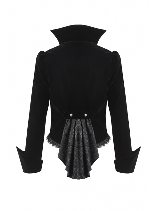 Bat Collar Front Chest Lace Frill Metal Nail Long Sleeve Black Gothic Short Jacket