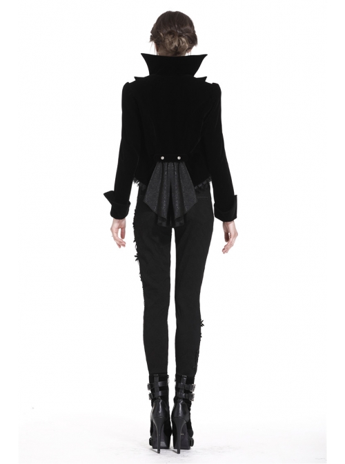 Bat Collar Front Chest Lace Frill Metal Nail Long Sleeve Black Gothic Short Jacket