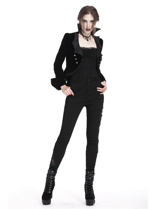 Bat Collar Front Chest Lace Frill Metal Nail Long Sleeve Black Gothic Short Jacket
