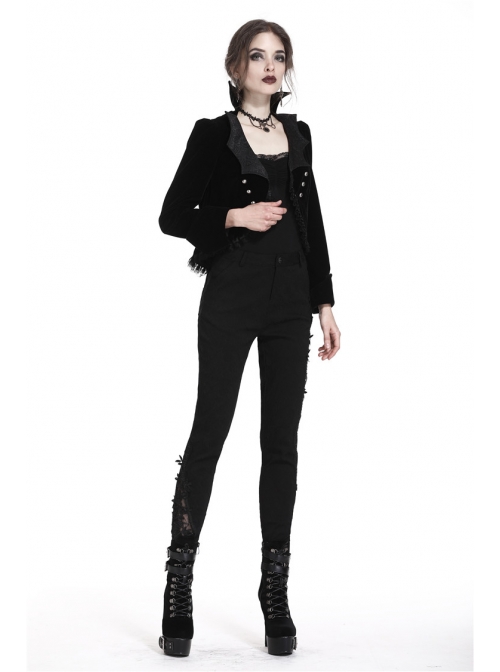 Bat Collar Front Chest Lace Frill Metal Nail Long Sleeve Black Gothic Short Jacket