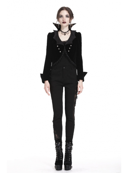 Bat Collar Front Chest Lace Frill Metal Nail Long Sleeve Black Gothic Short Jacket
