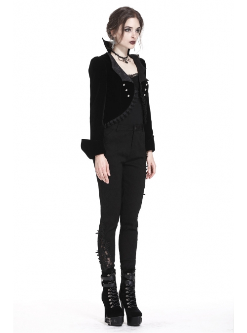 Bat Collar Front Chest Lace Frill Metal Nail Long Sleeve Black Gothic Short Jacket