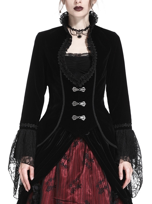 Stand-Up Collar Front Chest Frill Hollow-Out Metal Hasp Flare Sleeve Lace Hem Black Gothic Velvet Jacket