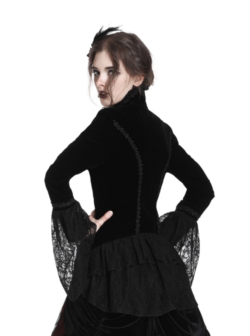 Stand-Up Collar Front Chest Frill Hollow-Out Metal Hasp Flare Sleeve Lace Hem Black Gothic Velvet Jacket