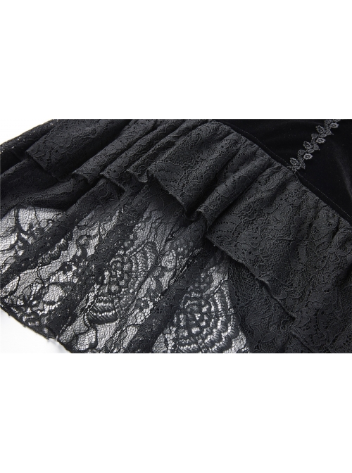 Stand-Up Collar Front Chest Frill Hollow-Out Metal Hasp Flare Sleeve Lace Hem Black Gothic Velvet Jacket