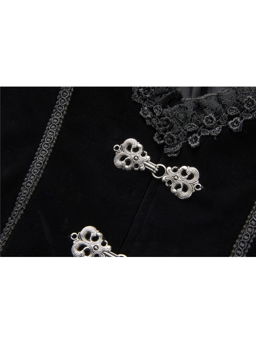 Stand-Up Collar Front Chest Frill Hollow-Out Metal Hasp Flare Sleeve Lace Hem Black Gothic Velvet Jacket