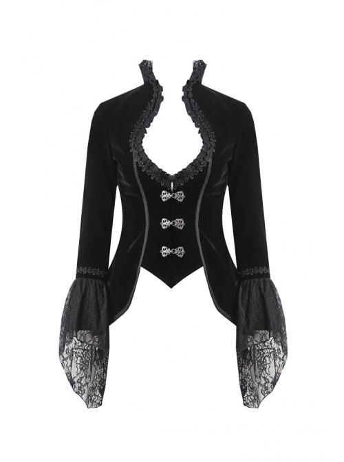 Stand-Up Collar Front Chest Frill Hollow-Out Metal Hasp Flare Sleeve Lace Hem Black Gothic Velvet Jacket