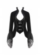 Stand-Up Collar Front Chest Frill Hollow-Out Metal Hasp Flare Sleeve Lace Hem Black Gothic Velvet Jacket