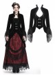 Stand-Up Collar Front Chest Frill Hollow-Out Metal Hasp Flare Sleeve Lace Hem Black Gothic Velvet Jacket