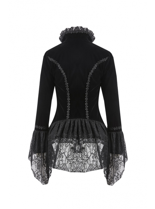 Stand-Up Collar Front Chest Frill Hollow-Out Metal Hasp Flare Sleeve Lace Hem Black Gothic Velvet Jacket