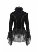 Stand-Up Collar Front Chest Frill Hollow-Out Metal Hasp Flare Sleeve Lace Hem Black Gothic Velvet Jacket