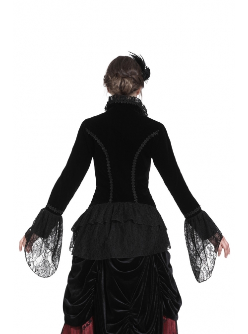 Stand-Up Collar Front Chest Frill Hollow-Out Metal Hasp Flare Sleeve Lace Hem Black Gothic Velvet Jacket