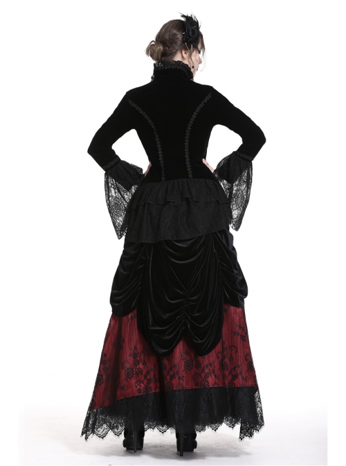 Stand-Up Collar Front Chest Frill Hollow-Out Metal Hasp Flare Sleeve Lace Hem Black Gothic Velvet Jacket
