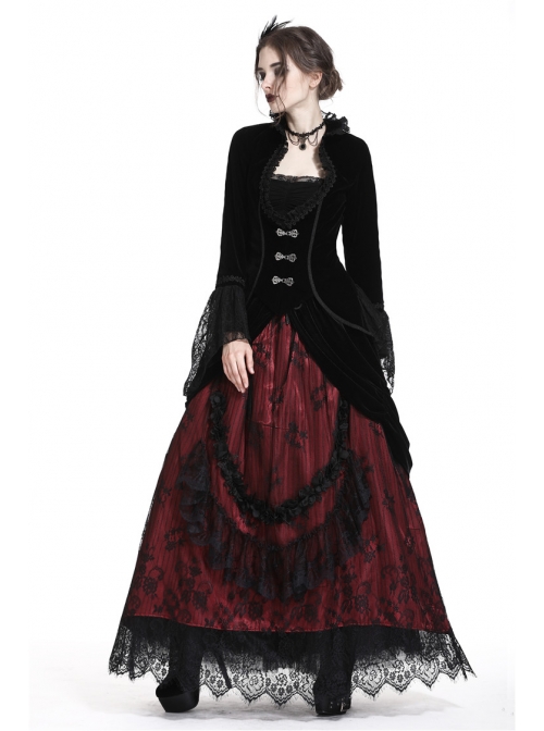 Stand-Up Collar Front Chest Frill Hollow-Out Metal Hasp Flare Sleeve Lace Hem Black Gothic Velvet Jacket