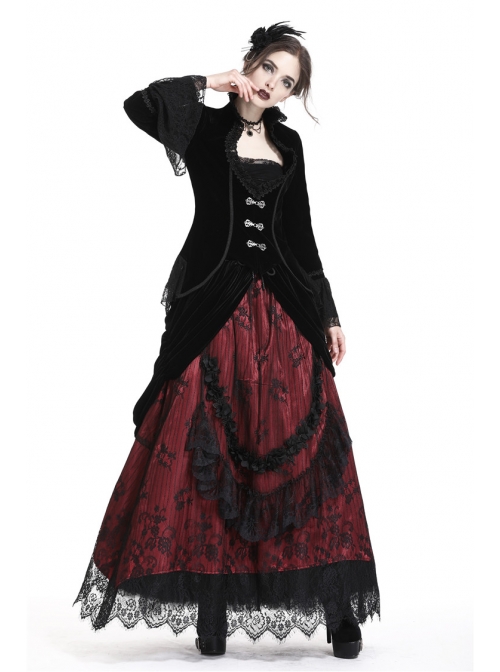 Stand-Up Collar Front Chest Frill Hollow-Out Metal Hasp Flare Sleeve Lace Hem Black Gothic Velvet Jacket