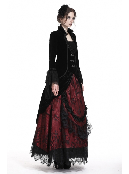 Stand-Up Collar Front Chest Frill Hollow-Out Metal Hasp Flare Sleeve Lace Hem Black Gothic Velvet Jacket